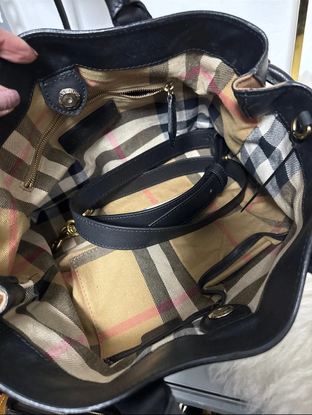 Burberry Black Leather Tote with Haymarket Check Sides